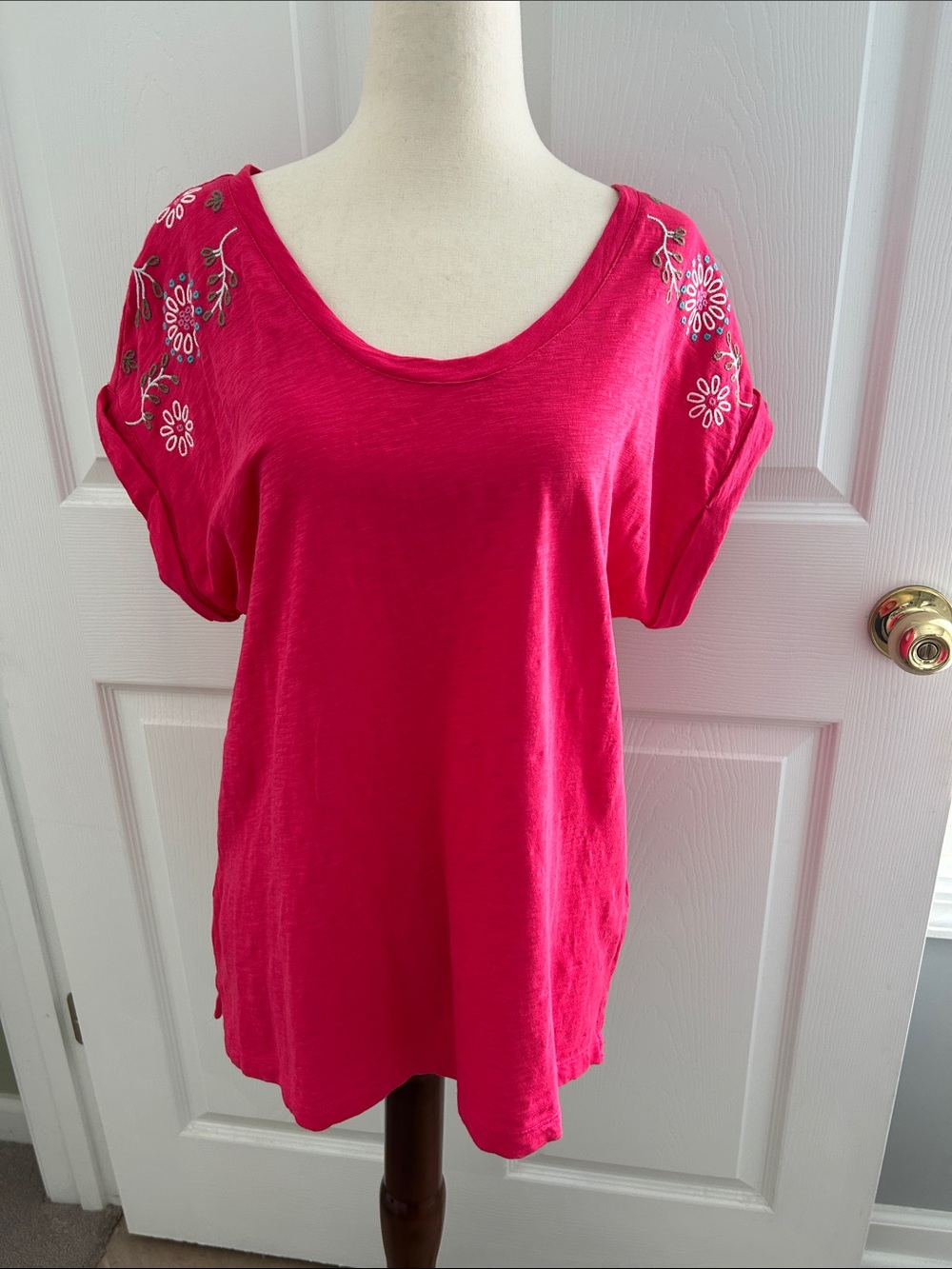 Embroidered Scoop Neck Pink Women's Top